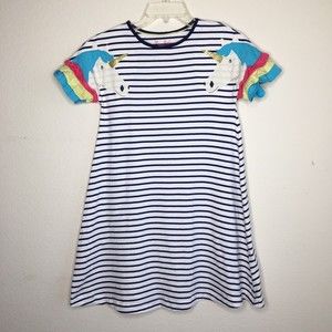 Mini Boden Girls' Size 11-12yr Unicorn Flutter Sleeve Stripe Jersey Dress